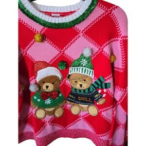Holiday Time Ugly Christmas Sweater Size L Glitter Christmas Bears
